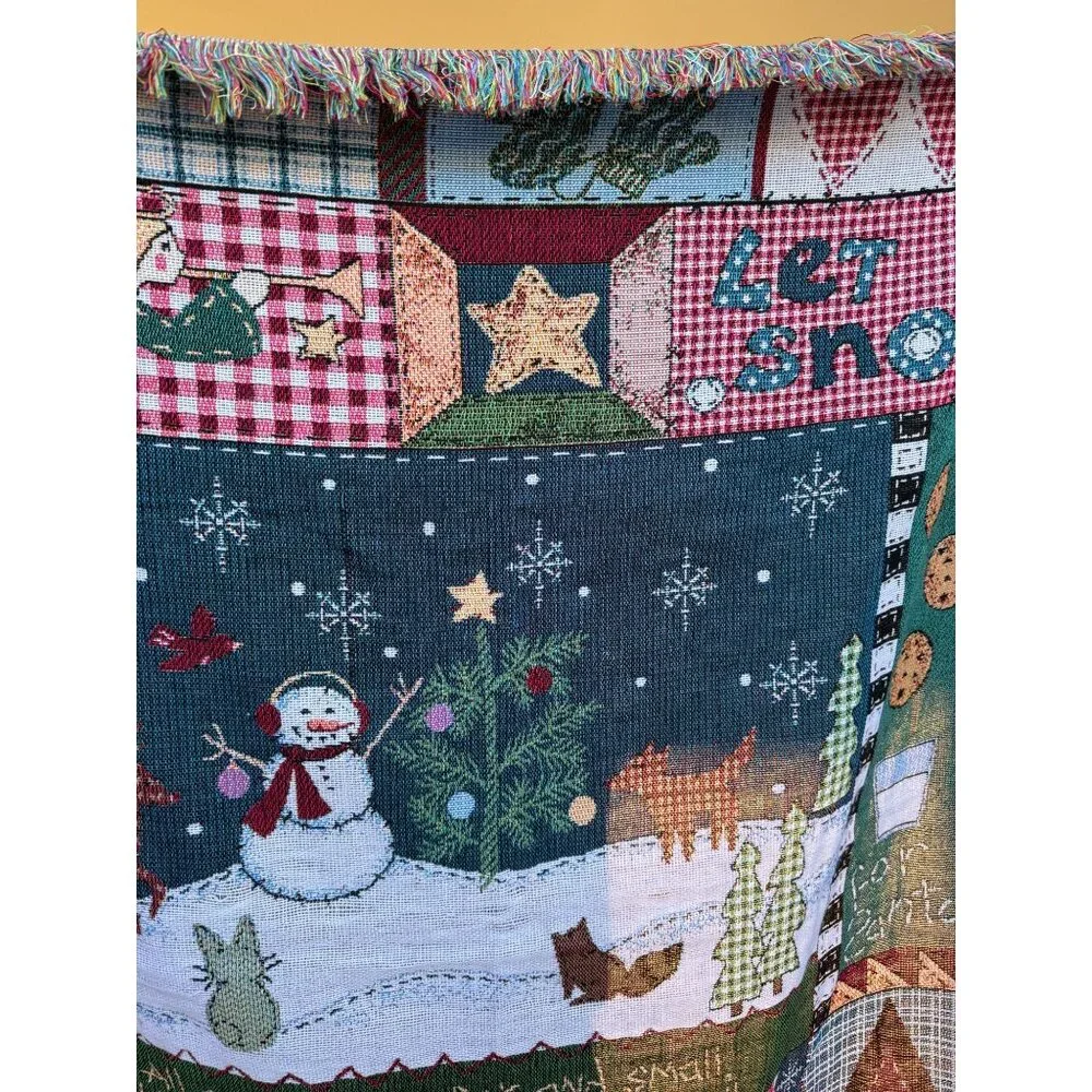 Christmas Tapestry Throw Blanket Snowman Forest Animals Farmhouse Lodge 50x48